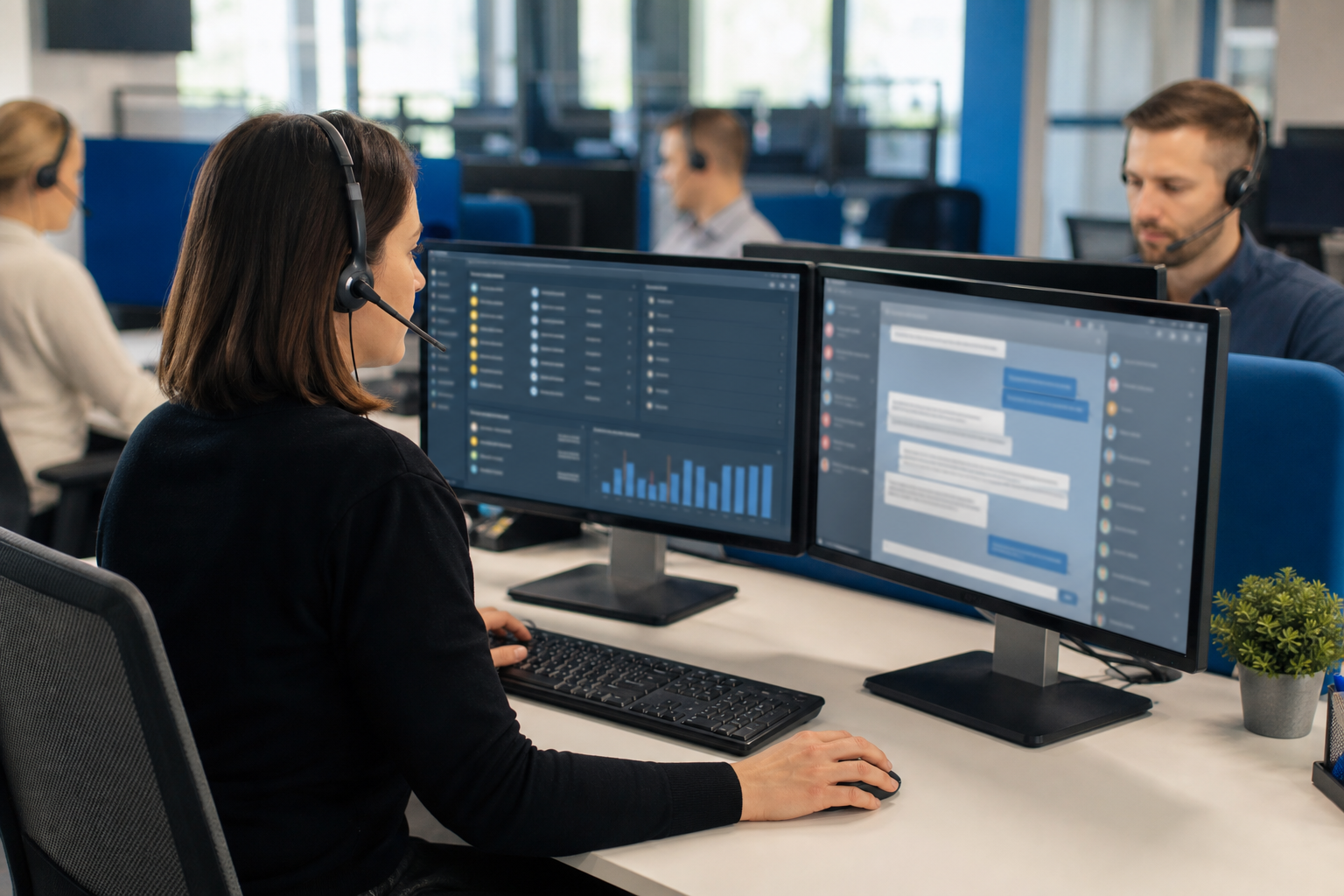 Contact center agents with headsets