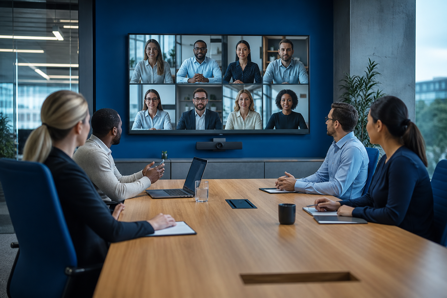 Team video conference in a meeting room